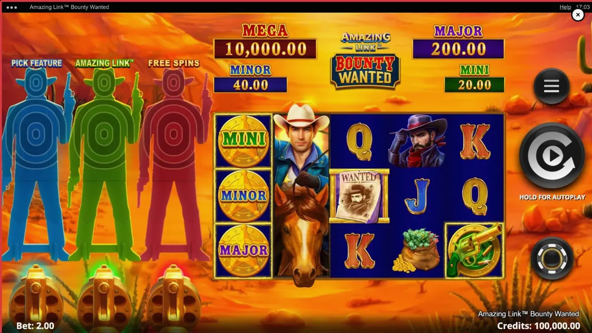 Cena do jogo Amazing Link Bounty Wanted com tema de faroeste e recursos de bônus
