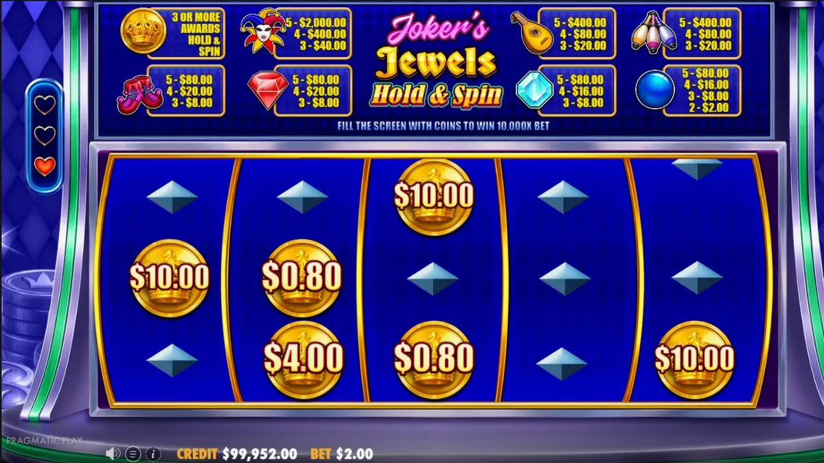 Interface do jogo Joker’s Jewels Hold & Spin com design retrô e brilhante